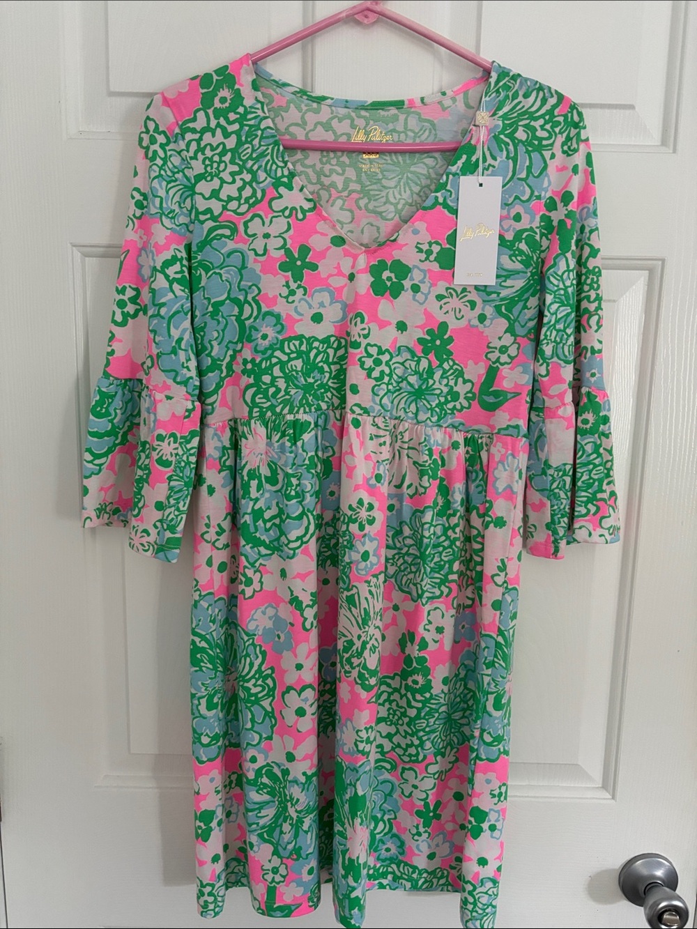 Lilly Pulitzer Pink, Green & Light Blue Floral V-Neck Dress - Picture 4 of 7